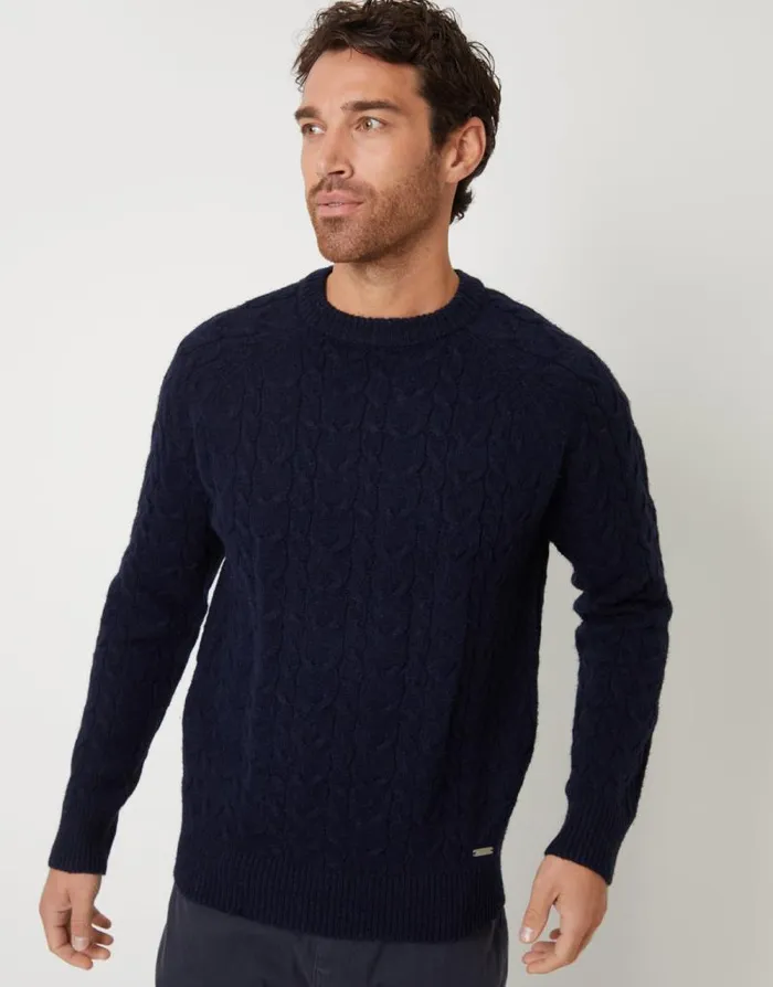 Men Navy Raglan Sleeve Cable Knit Crew Neck Jumper Threadbare Jumpers