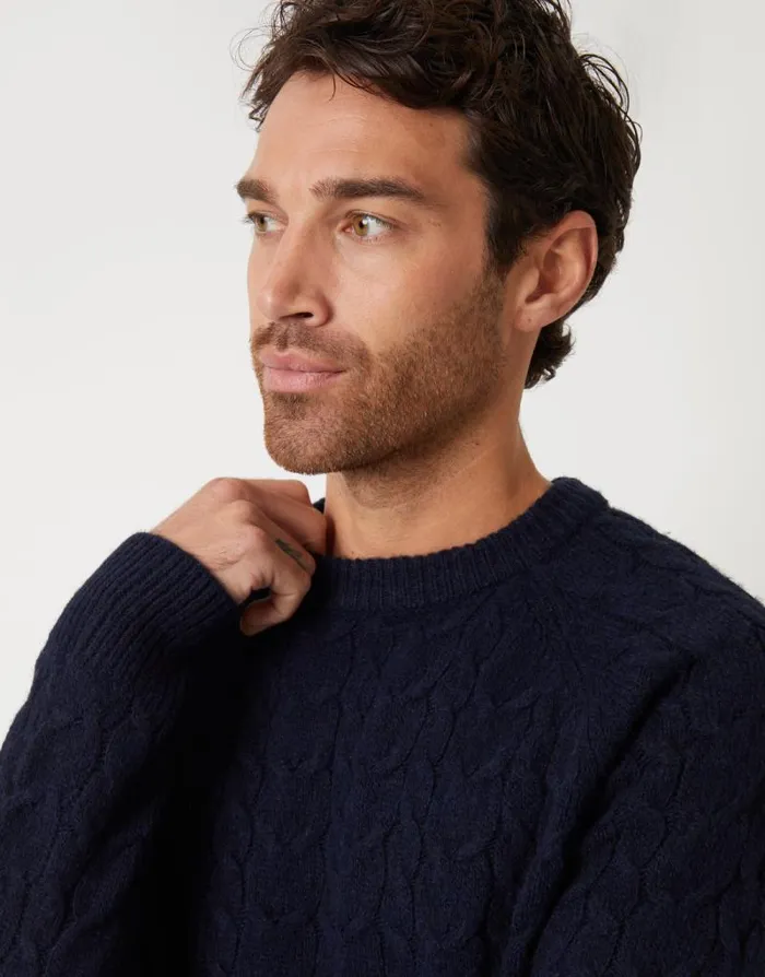 Men Navy Raglan Sleeve Cable Knit Crew Neck Jumper Threadbare Jumpers Men Navy Raglan Sleeve Cable Knit Crew Neck Jumper Threadbare Jumpers