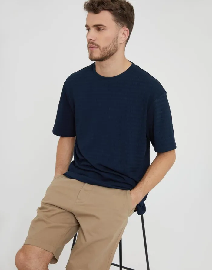 Men Navy Relaxed Fit Textured TShirt Threadbare TShirts