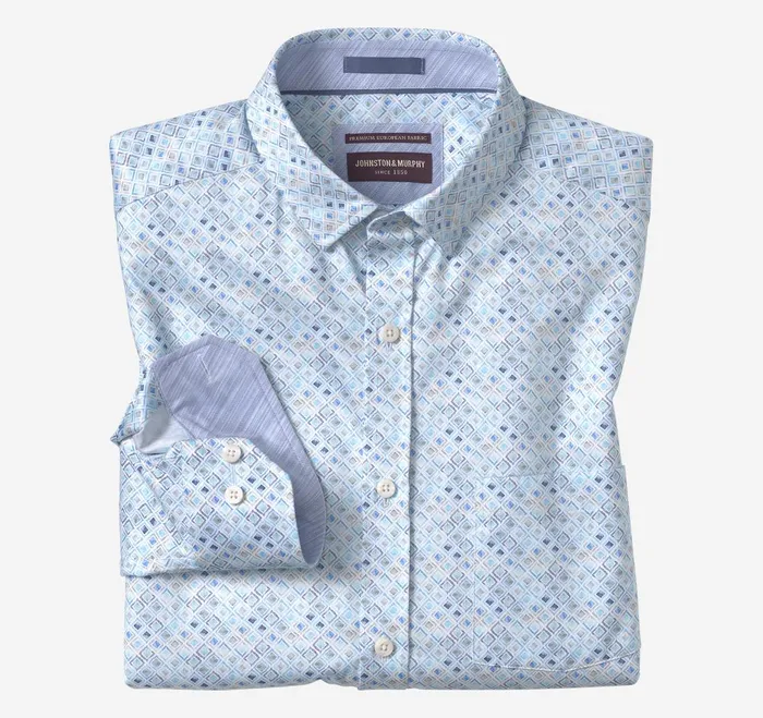 Men Printed Cotton Shirt Aqua Watercolor Diamond JohnstonandMurphy Shirts