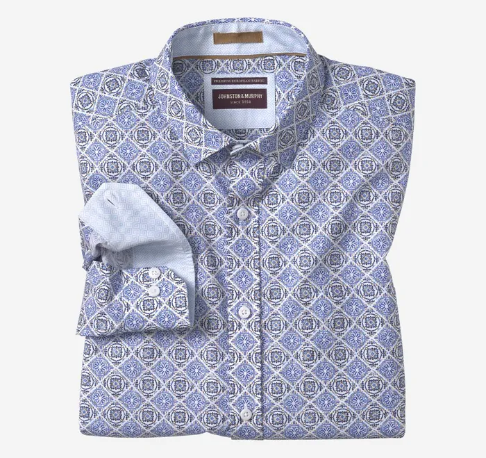 Men Printed Cotton Shirt Blue Mosaic Tile JohnstonandMurphy Shirts