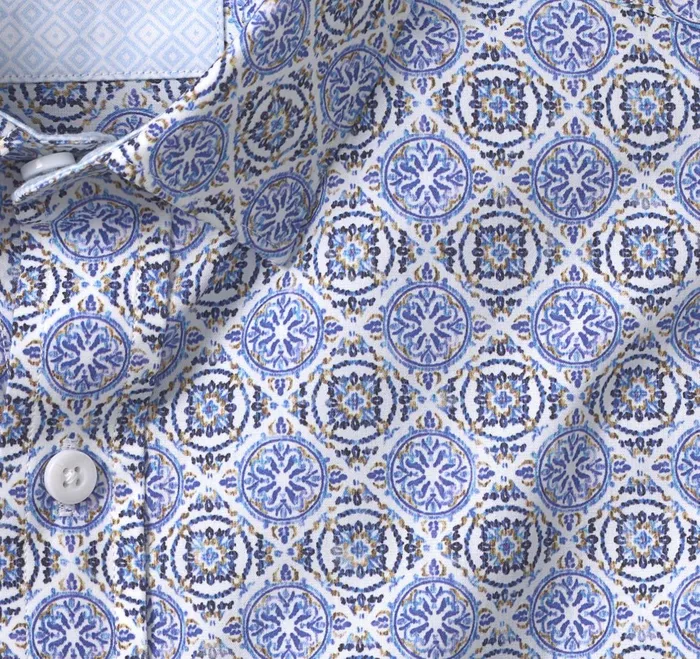 Men Printed Cotton Shirt Blue Mosaic Tile JohnstonandMurphy Shirts Men Printed Cotton Shirt Blue Mosaic Tile JohnstonandMurphy Shirts