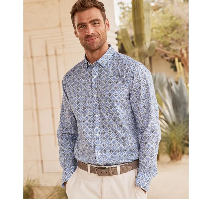 Men Printed Cotton Shirt Blue Mosaic Tile JohnstonandMurphy Shirts Men Printed Cotton Shirt Blue Mosaic Tile JohnstonandMurphy Shirts
