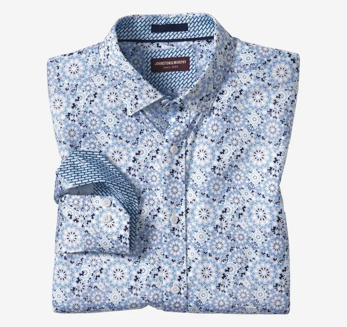 Men Printed Cotton Shirt Light Blue Multipoint Star JohnstonandMurphy Shirts
