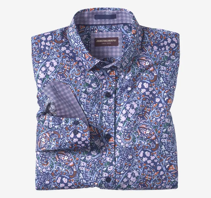 Men Printed Cotton Shirt Navy Floral Paisley JohnstonandMurphy Shirts