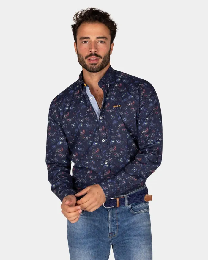 Men Shirts NZA New Zealand Auckland Dark Blue Shirt With Leaf Print 8211 Winter Navy