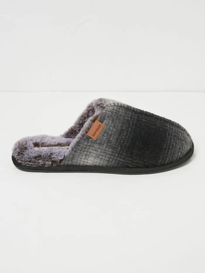 Men Slippers Fat Face Harvey Black Check Mule Slippers