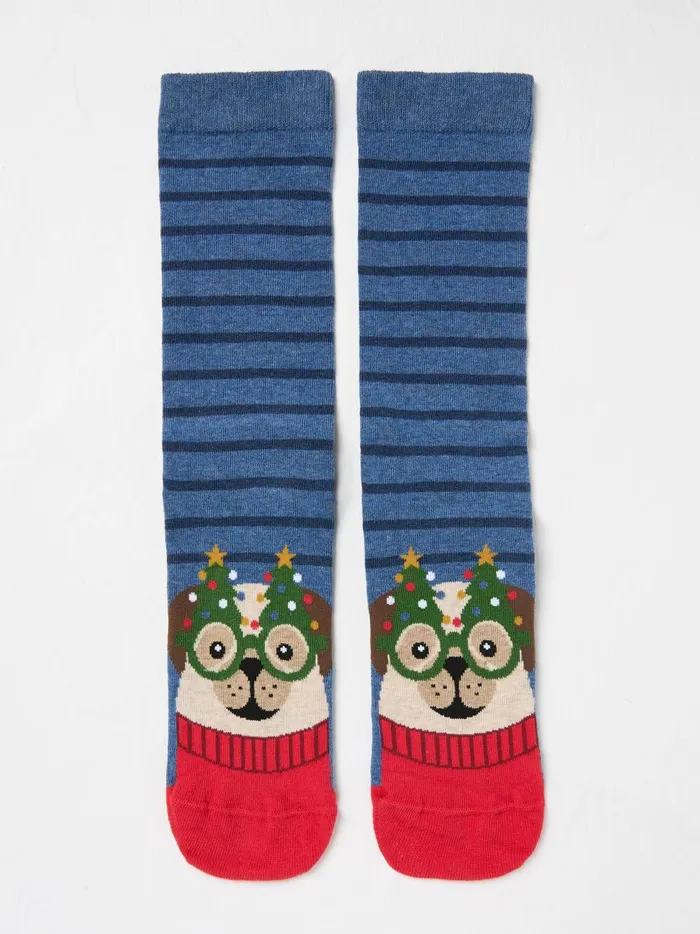 Men Socks Fat Face Blue Pug In Glasses Socks 1 Pack