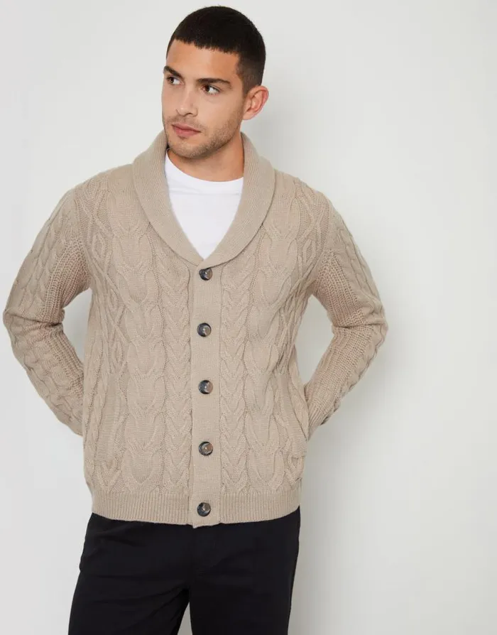Men Stone Cable Knit Shawl Cardigan Threadbare Cardigans