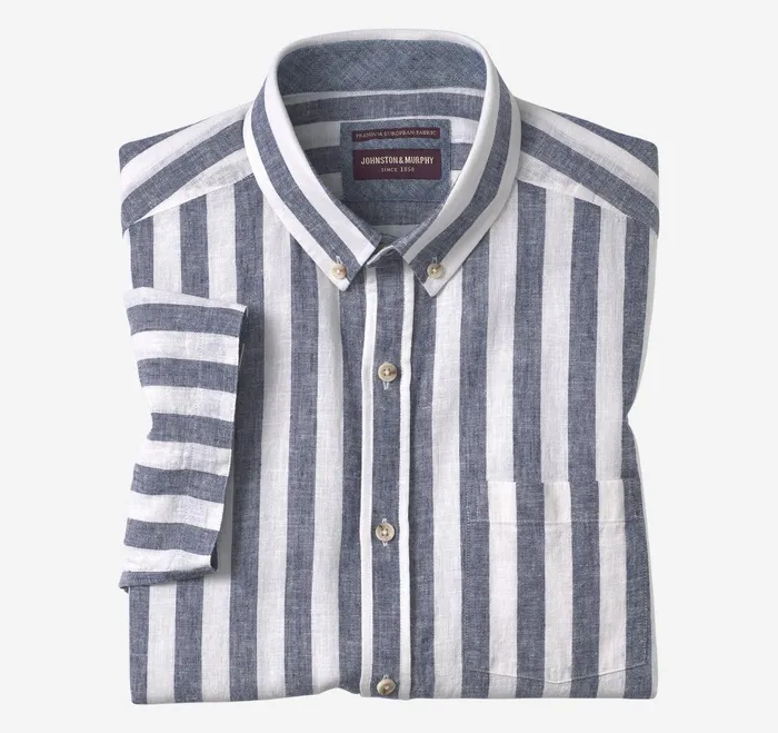 Men Stripe LinenBlend Shirt Navy Stripe JohnstonandMurphy ShortSleeve Shirts