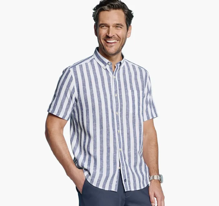 Men Stripe LinenBlend Shirt Navy Stripe JohnstonandMurphy ShortSleeve Shirts Men Stripe LinenBlend Shirt Navy Stripe JohnstonandMurphy ShortSleeve Shirts