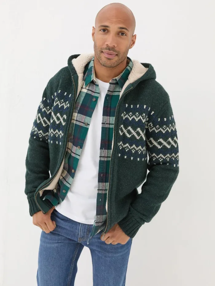 Men Sweatshirts and Hoodies Fat Face Dark Green Findon Knitted Pattern Hoodie