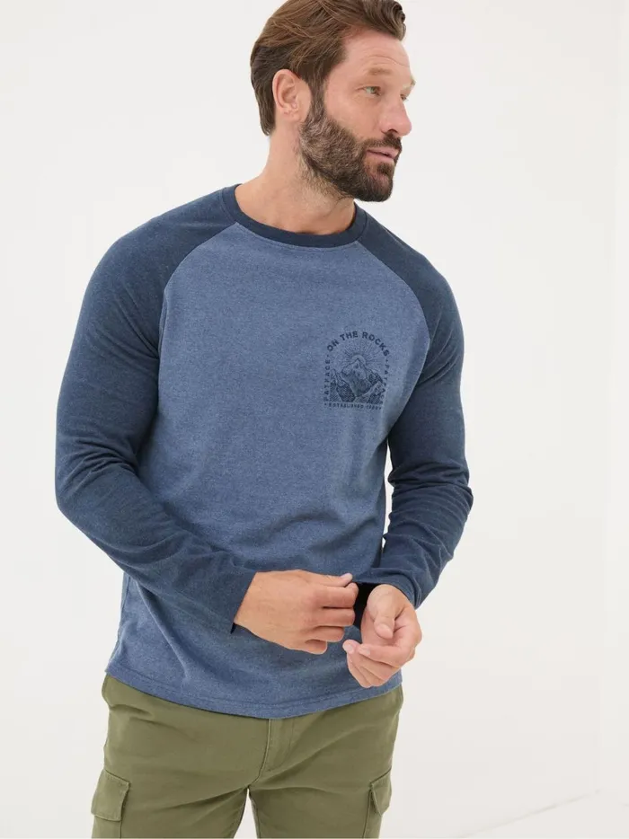 Men TShirts Fat Face Dusky Blue On The Rocks Raglan 100 Cotton TShirt