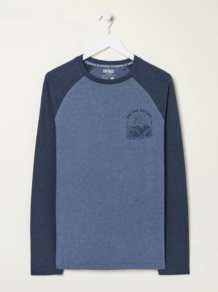 Men TShirts Fat Face Dusky Blue On The Rocks Raglan 100 Cotton TShirt