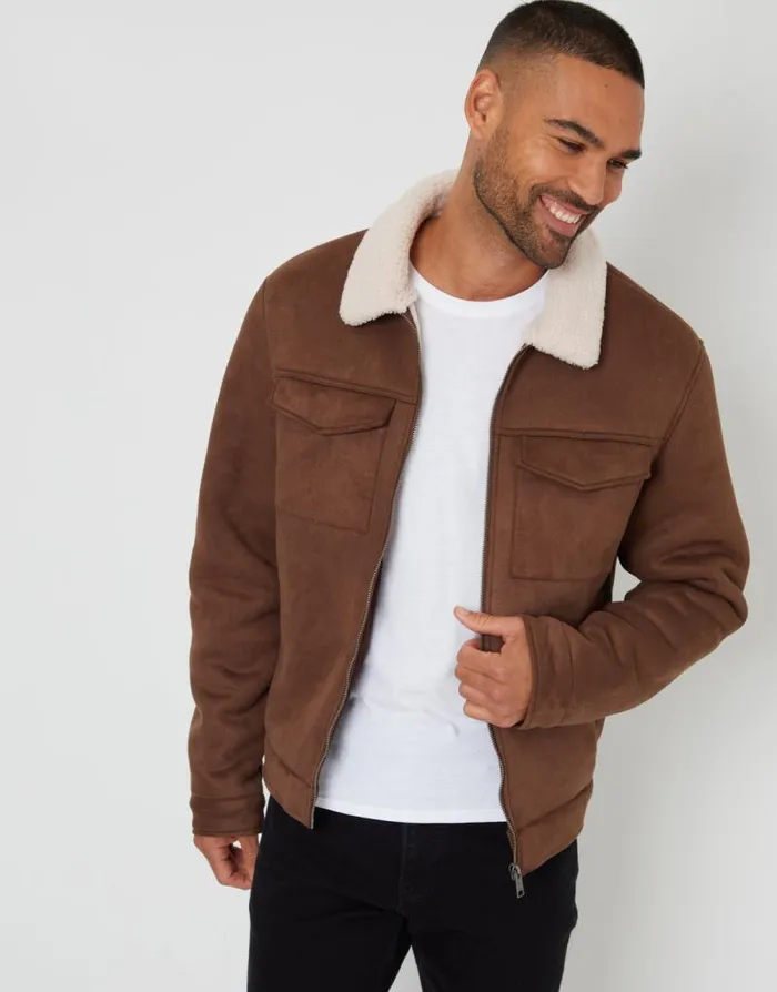 Men Taupe Faux Suede Borg Lined Aviator Jacket Threadbare Jackets