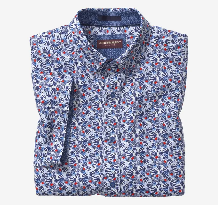 Men Textured Cotton ShortSleeve Shirt Navyred Mod Circle JohnstonandMurphy ShortSleeve Shirts Men Textured Cotton ShortSleeve Shirt Navyred Mod Circle JohnstonandMurphy ShortSleeve Shirts