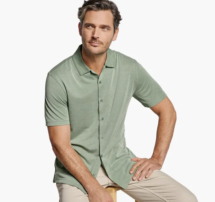 Men Vintage Birdseye ButtonFront Shirt Green JohnstonandMurphy ShortSleeve Shirts