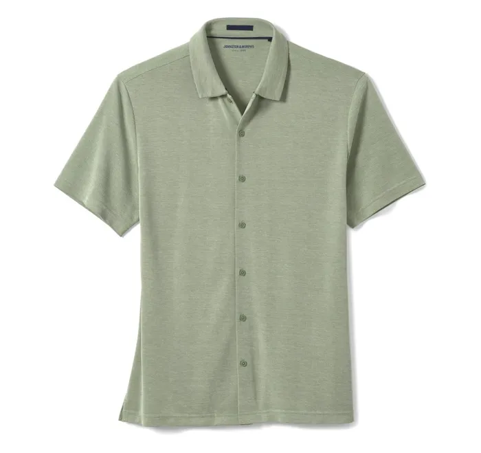 Men Vintage Birdseye ButtonFront Shirt Green JohnstonandMurphy ShortSleeve Shirts