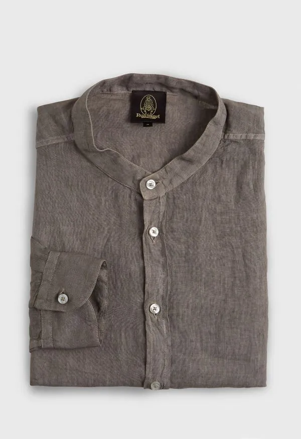 Mens Paulstuart Band Collar Washed Linen Shirt Taupe Sport Shirts