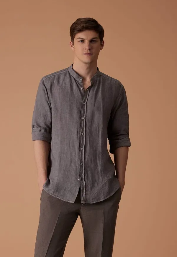 Mens Paulstuart Band Collar Washed Linen Shirt Taupe Sport Shirts