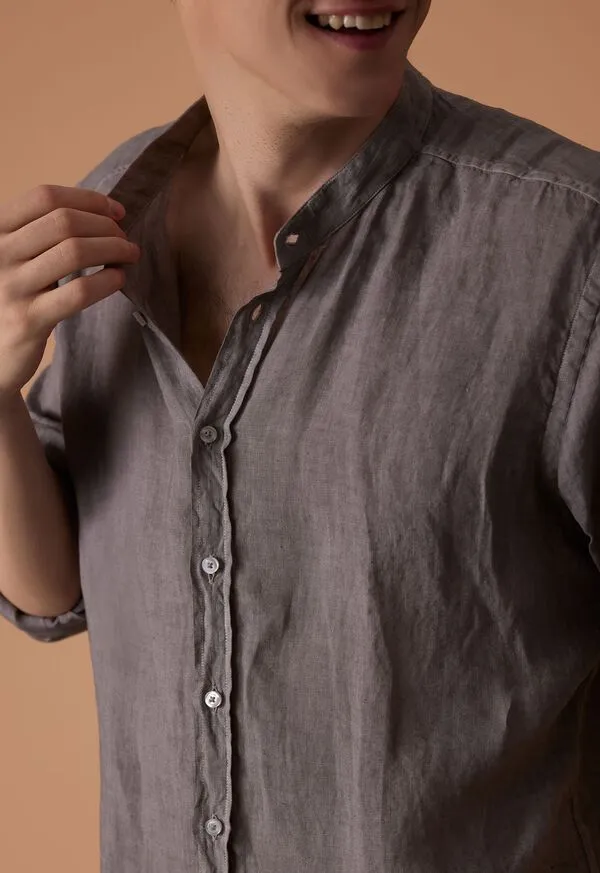 Mens Paulstuart Band Collar Washed Linen Shirt Taupe Sport Shirts
