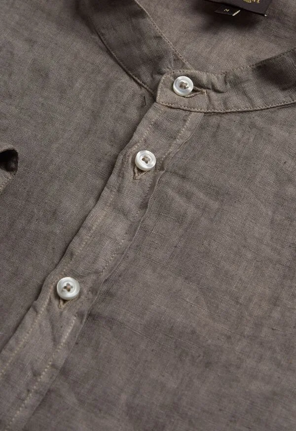 Mens Paulstuart Band Collar Washed Linen Shirt Taupe Sport Shirts