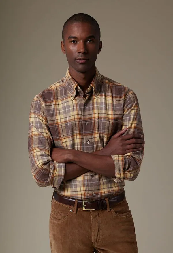 Mens Sport Shirts Paulstuart Flannel Plaid Sport Shirt BrownYellow Mens Sport Shirts Paulstuart Flannel Plaid Sport Shirt BrownYellow