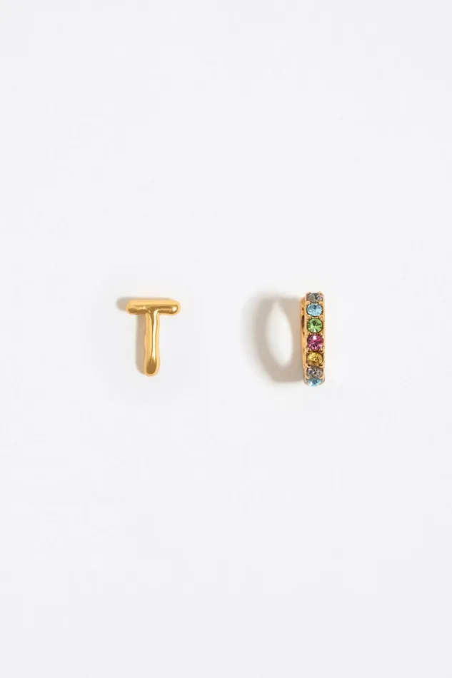 Multicolor Crystal Mini Hoop And Letter T Earrings Gold Women Bimba Y Lola Alphabet