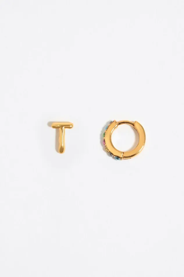 Multicolor Crystal Mini Hoop And Letter T Earrings Gold Women Bimba Y Lola Alphabet Multicolor Crystal Mini Hoop And Letter T Earrings Gold Women Bimba Y Lola Alphabet