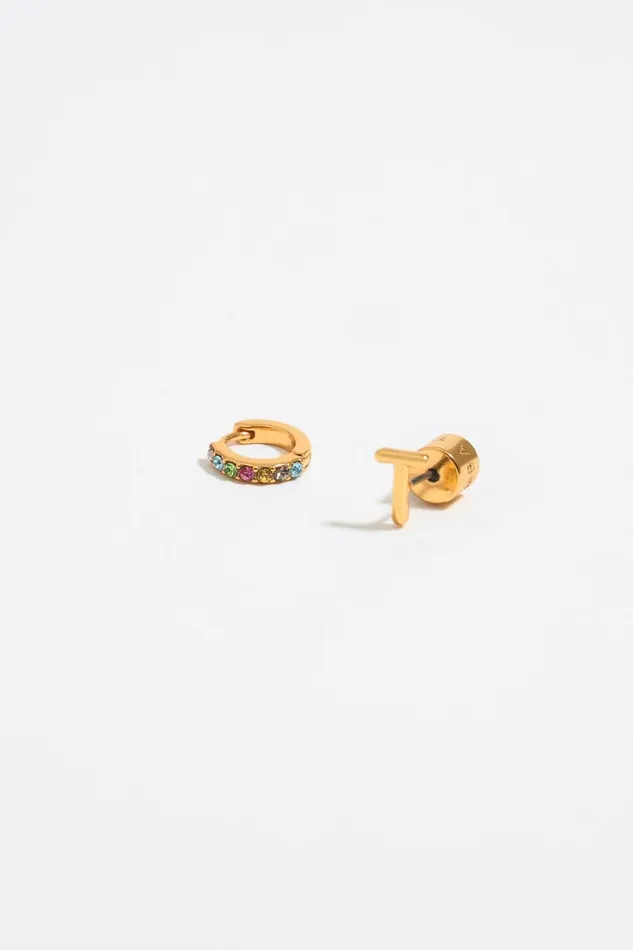 Multicolor Crystal Mini Hoop And Letter T Earrings Gold Women Bimba Y Lola Alphabet Multicolor Crystal Mini Hoop And Letter T Earrings Gold Women Bimba Y Lola Alphabet