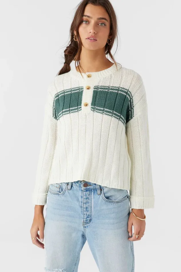 OCEANFRONT STRIPE HENLEY LONG SLEEVE SWEATER Winter White Women O039NEILL Clothing