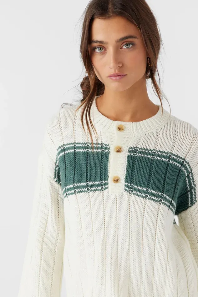 OCEANFRONT STRIPE HENLEY LONG SLEEVE SWEATER Winter White Women O039NEILL Clothing