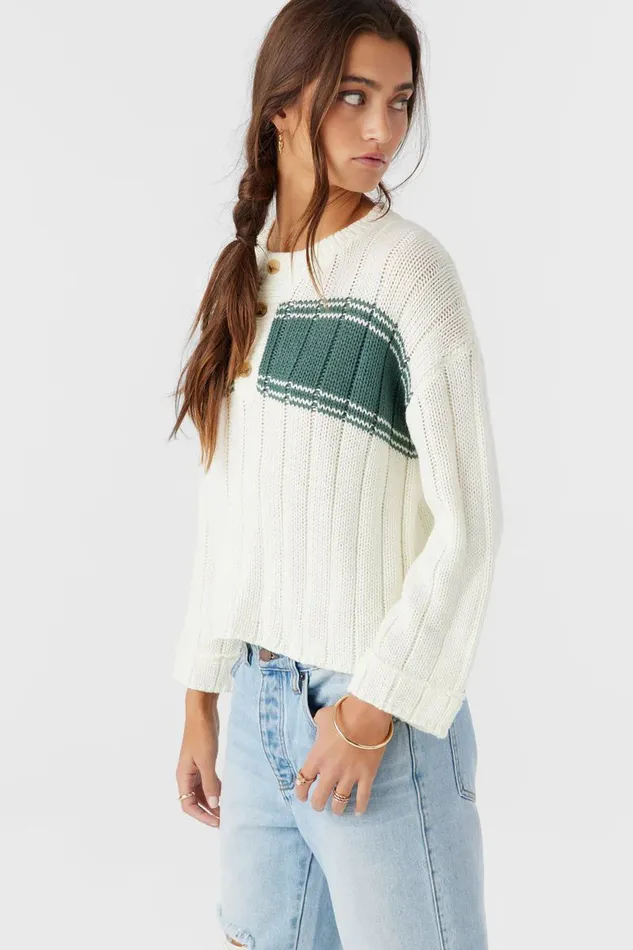 OCEANFRONT STRIPE HENLEY LONG SLEEVE SWEATER Winter White Women O039NEILL Clothing