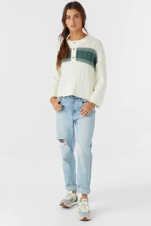 OCEANFRONT STRIPE HENLEY LONG SLEEVE SWEATER Winter White Women O039NEILL Clothing