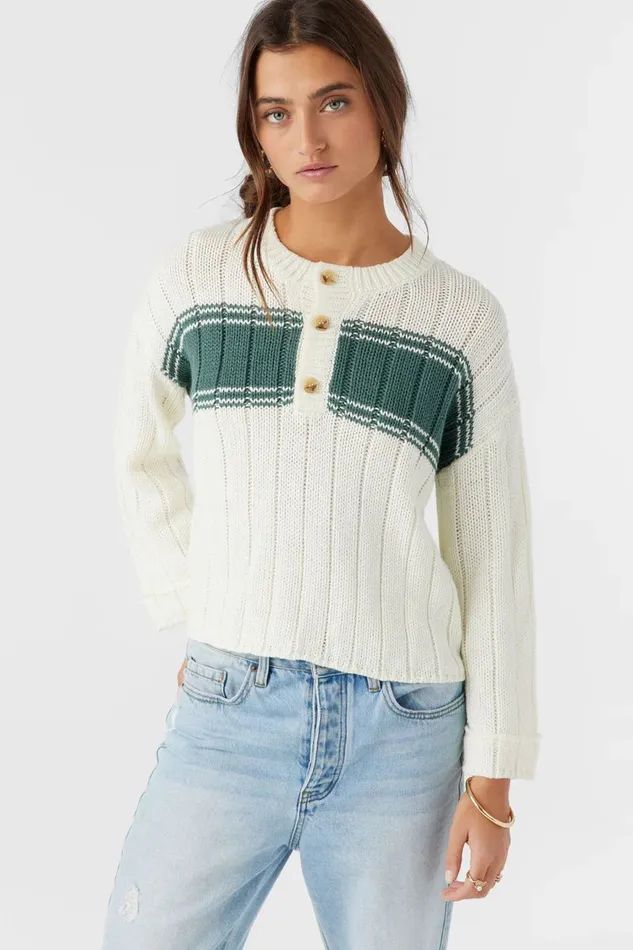 OCEANFRONT STRIPE HENLEY LONG SLEEVE SWEATER Winter White Women O039NEILL Clothing