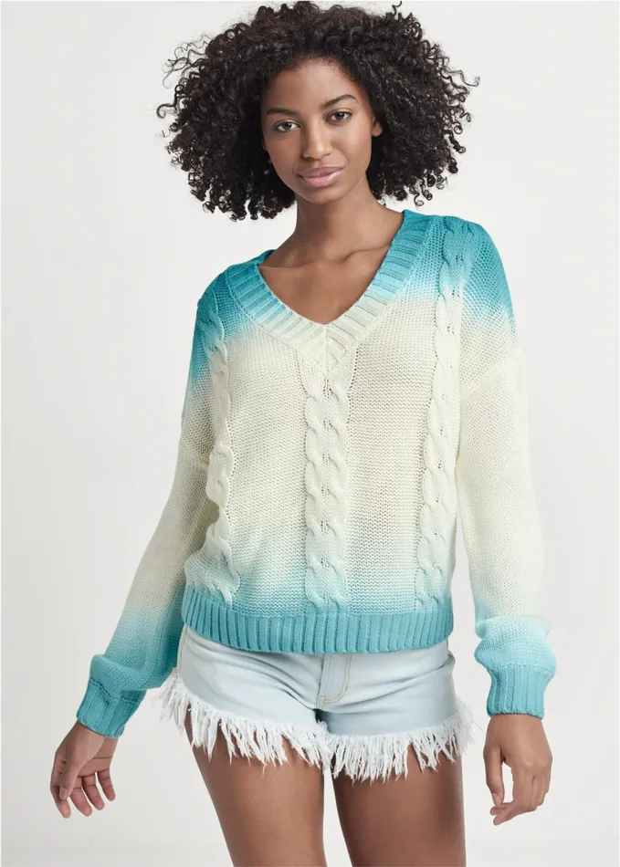OMBRE CABLE KNIT SWEATER Aqua and White Women VENUS Pullover