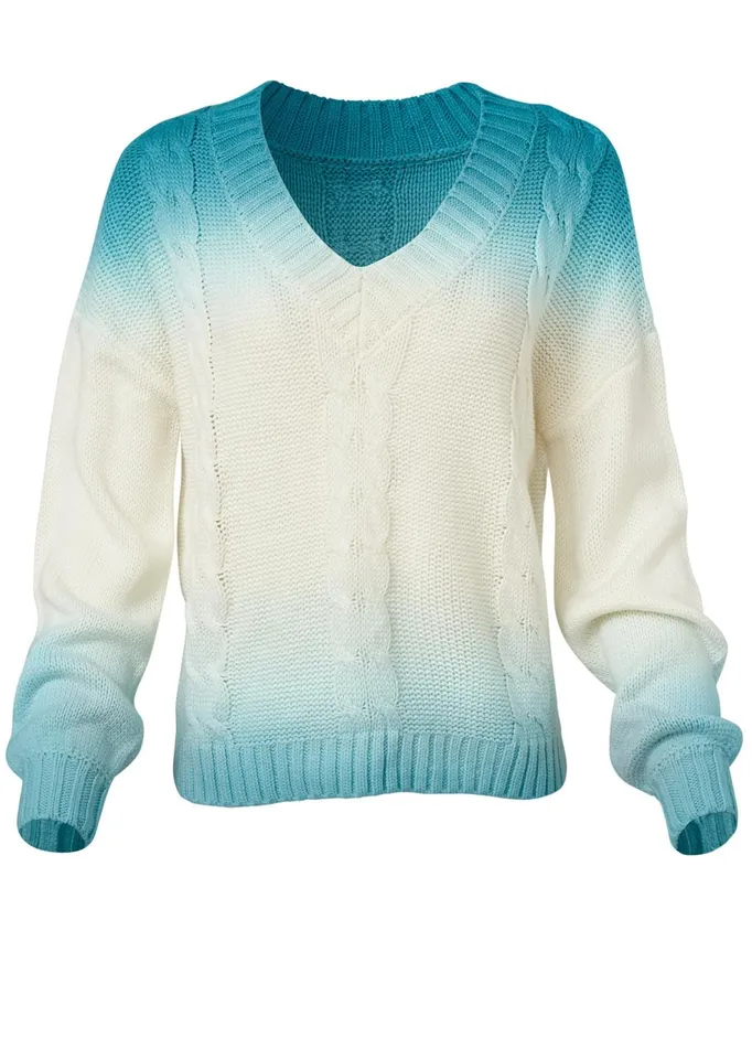 OMBRE CABLE KNIT SWEATER Aqua and White Women VENUS Pullover