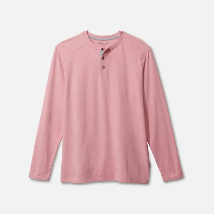 Organic Cotton Blend Long Sleeved Henley Tee Coral Melange Men Kenneth Cole TShirts Polos