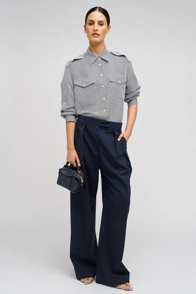 Oroton Fine Stripe Long Sleeve Shirt North Sea Women Tops