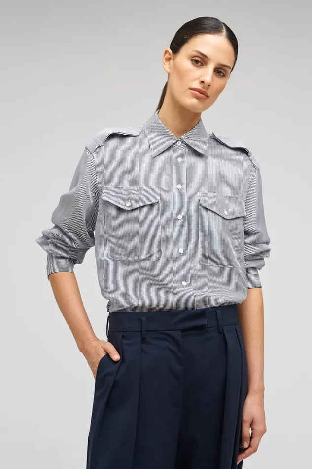 Oroton Fine Stripe Long Sleeve Shirt North Sea Women Tops Oroton Fine Stripe Long Sleeve Shirt North Sea Women Tops