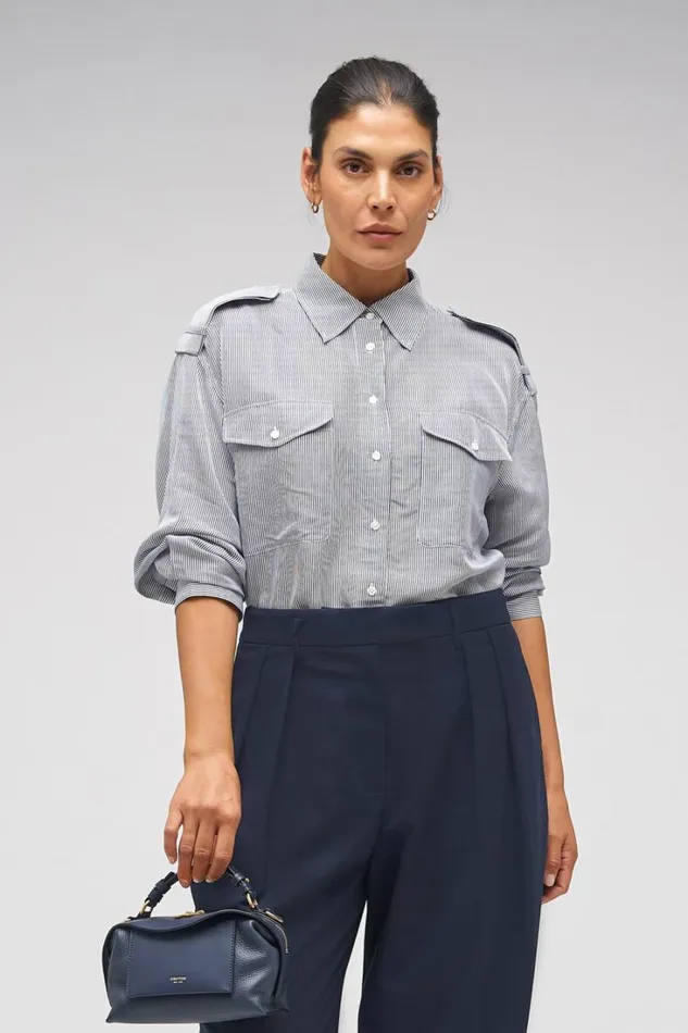 Oroton Fine Stripe Long Sleeve Shirt North Sea Women Tops Oroton Fine Stripe Long Sleeve Shirt North Sea Women Tops