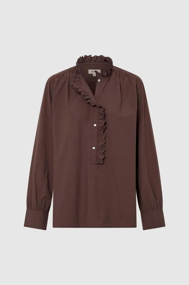 Oroton Hazel Ruffle Blouse Chocolate Women Tops