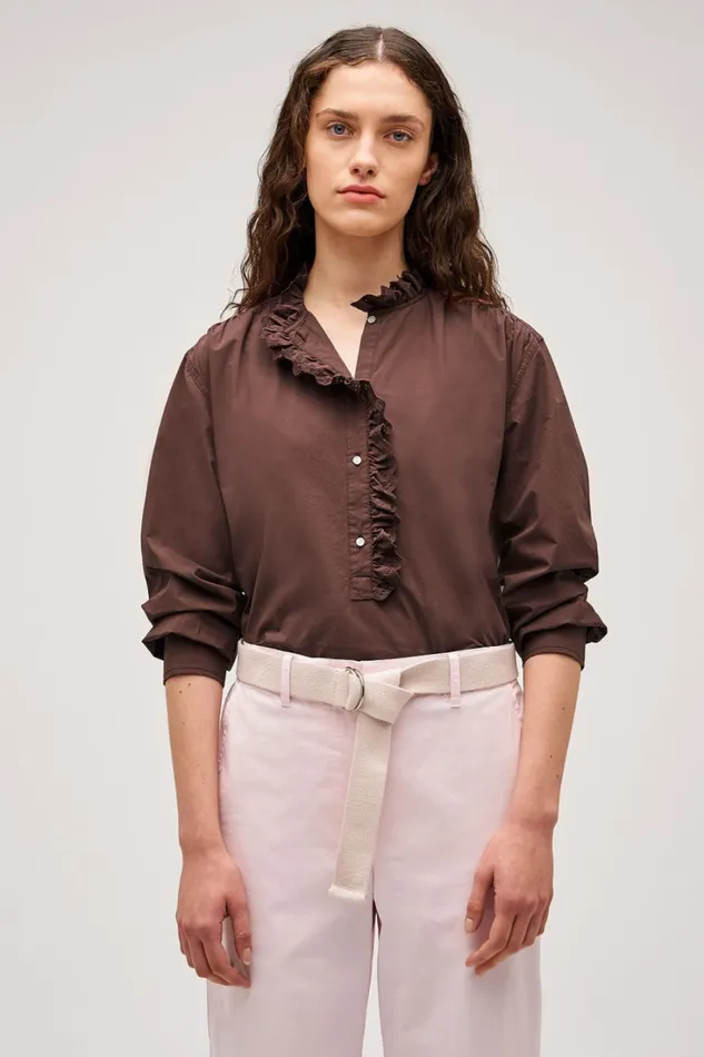Oroton Hazel Ruffle Blouse Chocolate Women Tops