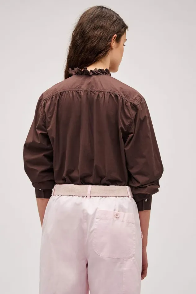 Oroton Hazel Ruffle Blouse Chocolate Women Tops