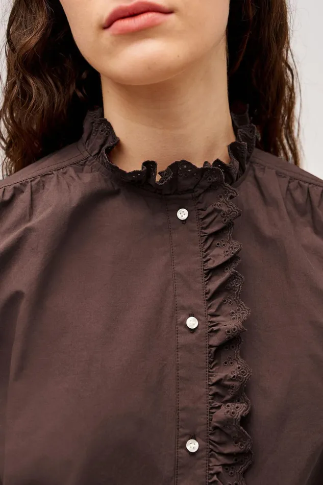 Oroton Hazel Ruffle Blouse Chocolate Women Tops