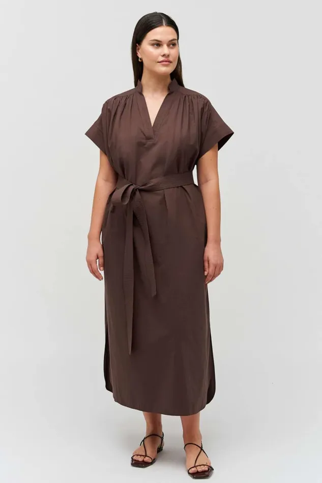 Oroton Rae Gathered Dress Chocolate Women Dresses Oroton Rae Gathered Dress Chocolate Women Dresses