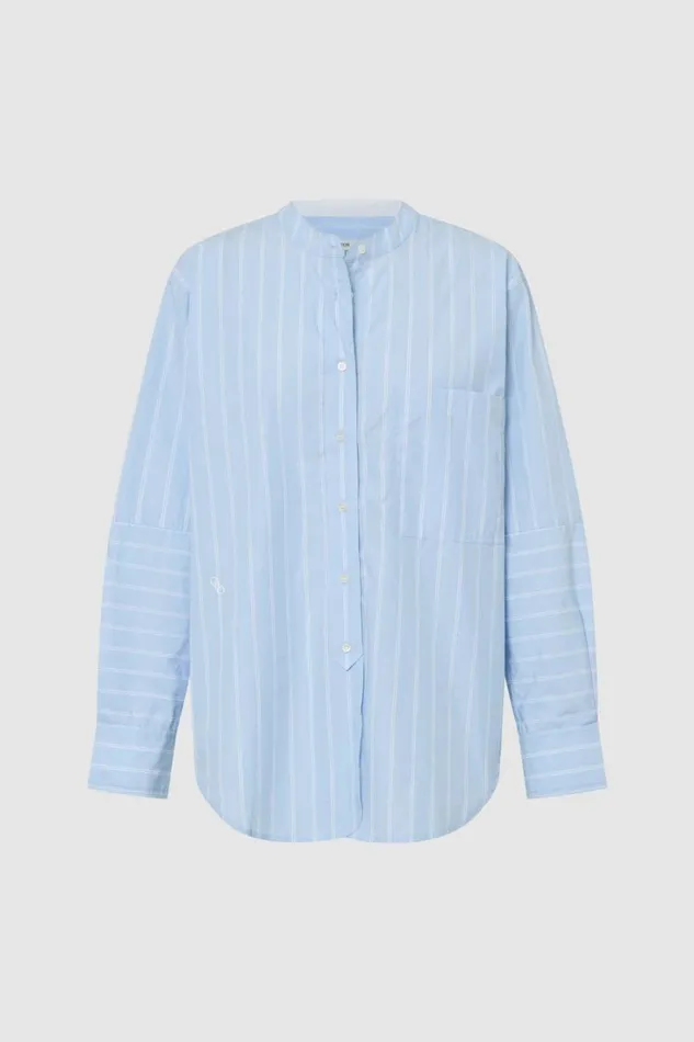 Oroton Yarn Dyed Stripe Shirt Denim Blue Women Tops