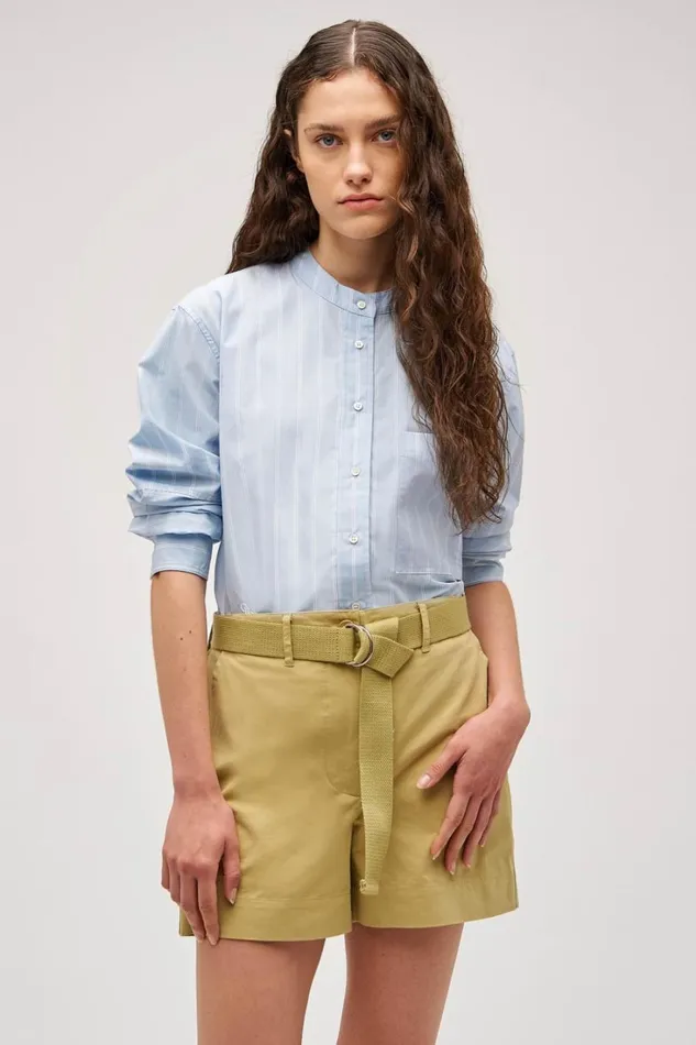 Oroton Yarn Dyed Stripe Shirt Denim Blue Women Tops