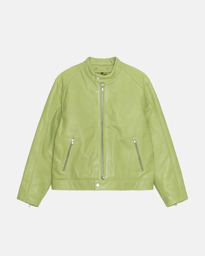 Outerwear MenWomen Stussy CAFE RACER LEATHER JACKET Lime