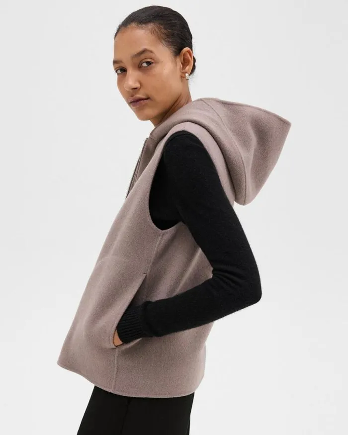 Outerwear Women Theory Hooded ZipUp Vest In DoubleFace WoolCashmere Cinder Melange